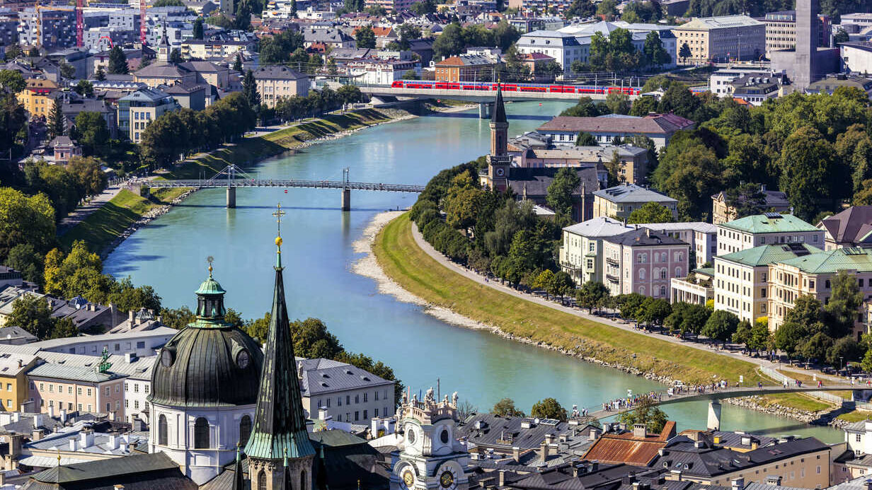 Austria, Salzburg, View from fortress of Hohensalzburg City over River Salzach